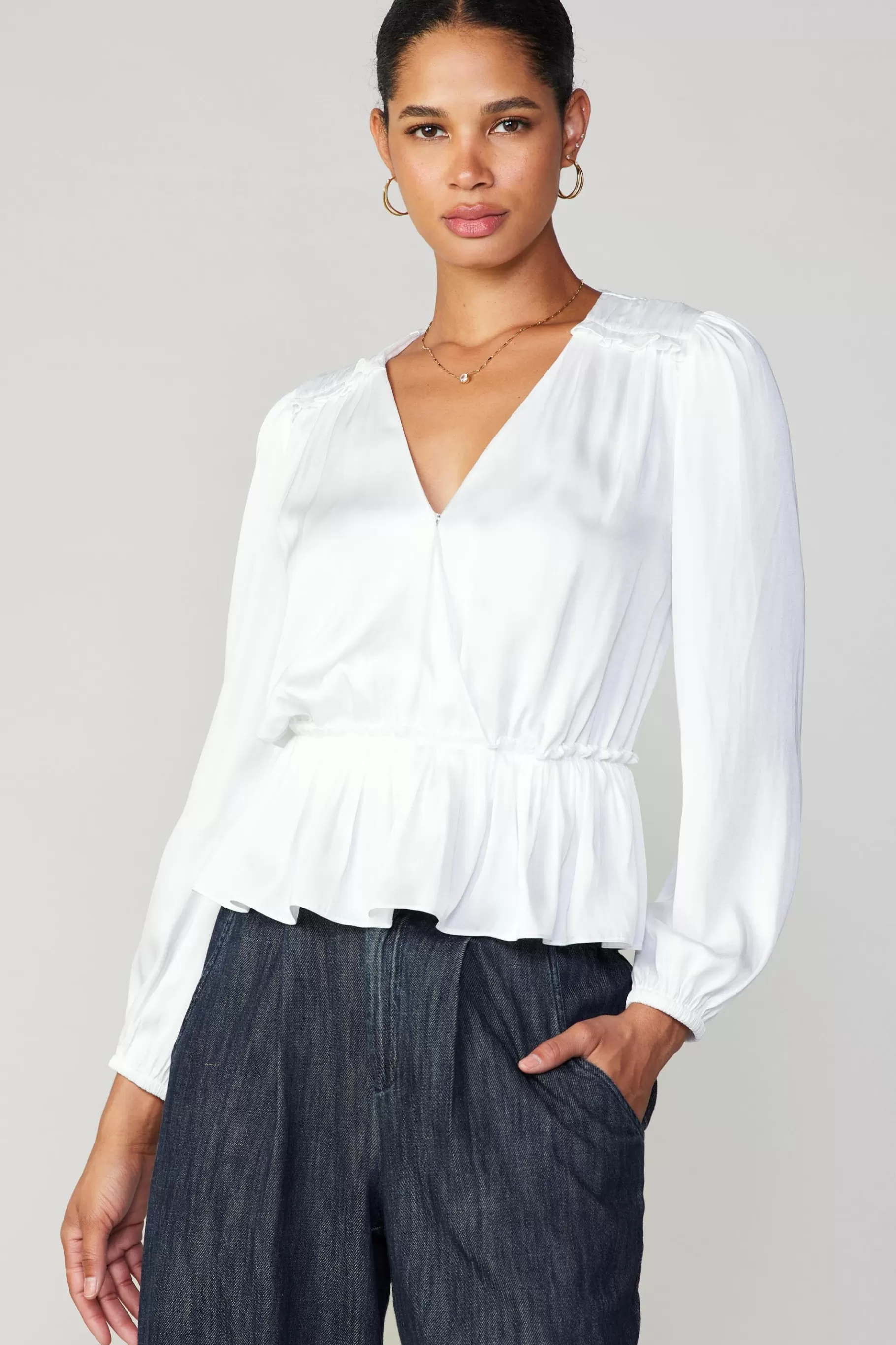 Current Air Long Sleeve Tops>Surplice Peplum Blouse WHITE