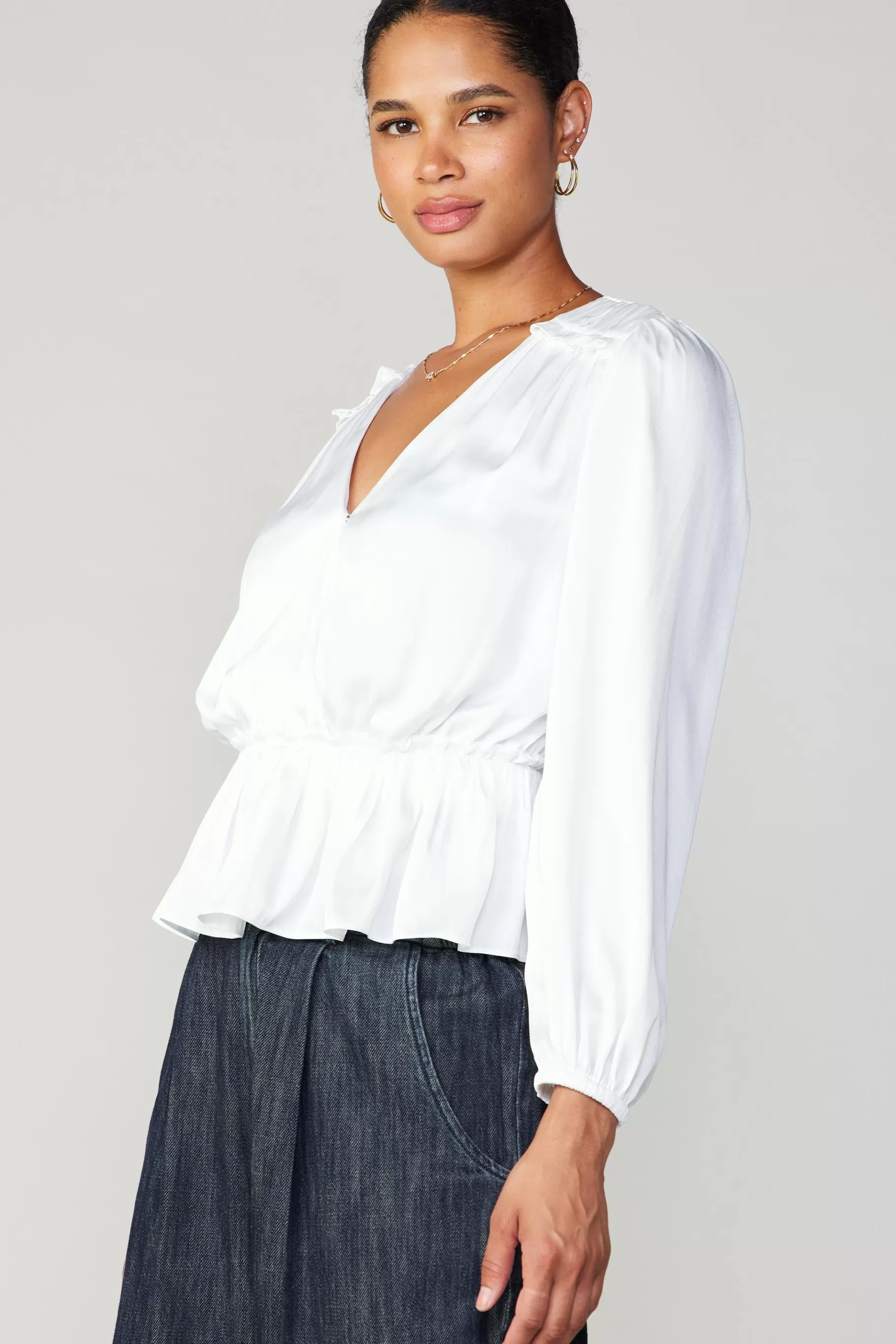 Current Air Long Sleeve Tops>Surplice Peplum Blouse WHITE