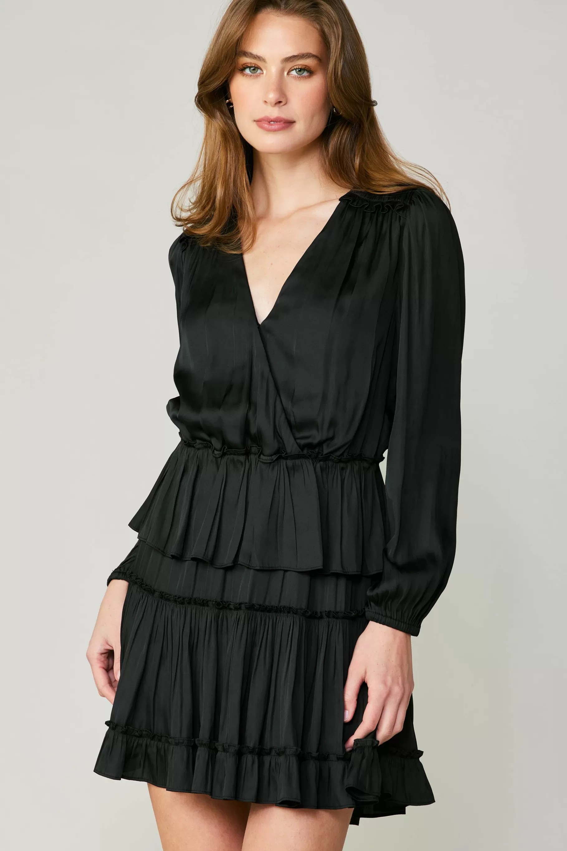 Current Air Mini Dresses>Surplice Tiered Mini Dress BLACK