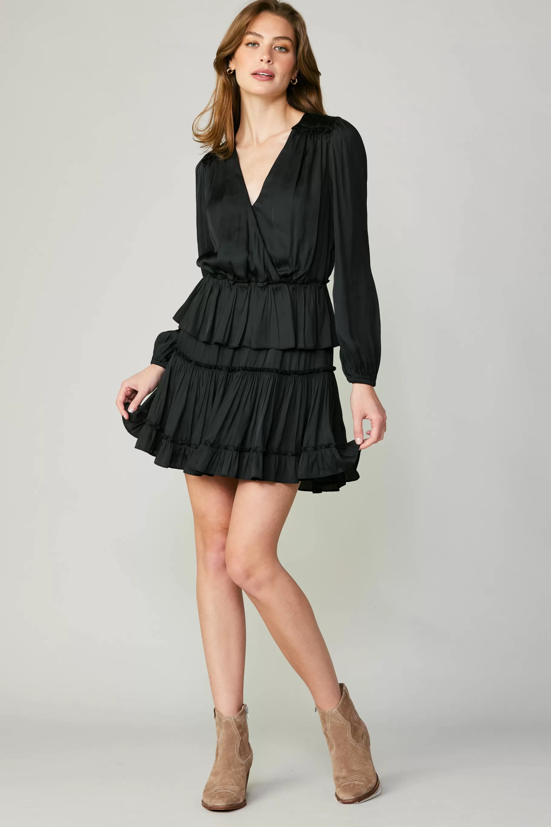 Current Air Mini Dresses>Surplice Tiered Mini Dress BLACK