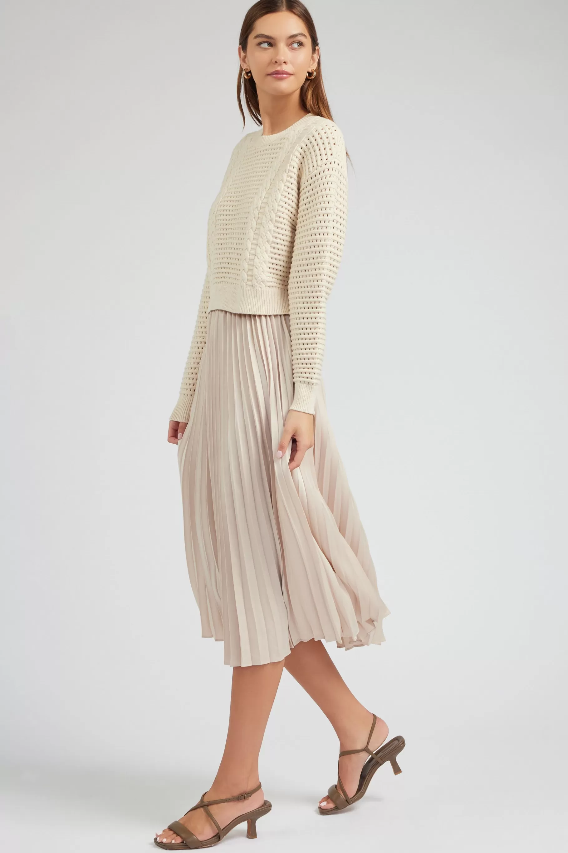 Current Air Knitwear>Sweater & Pleated Dress Set CHAMPAGNE