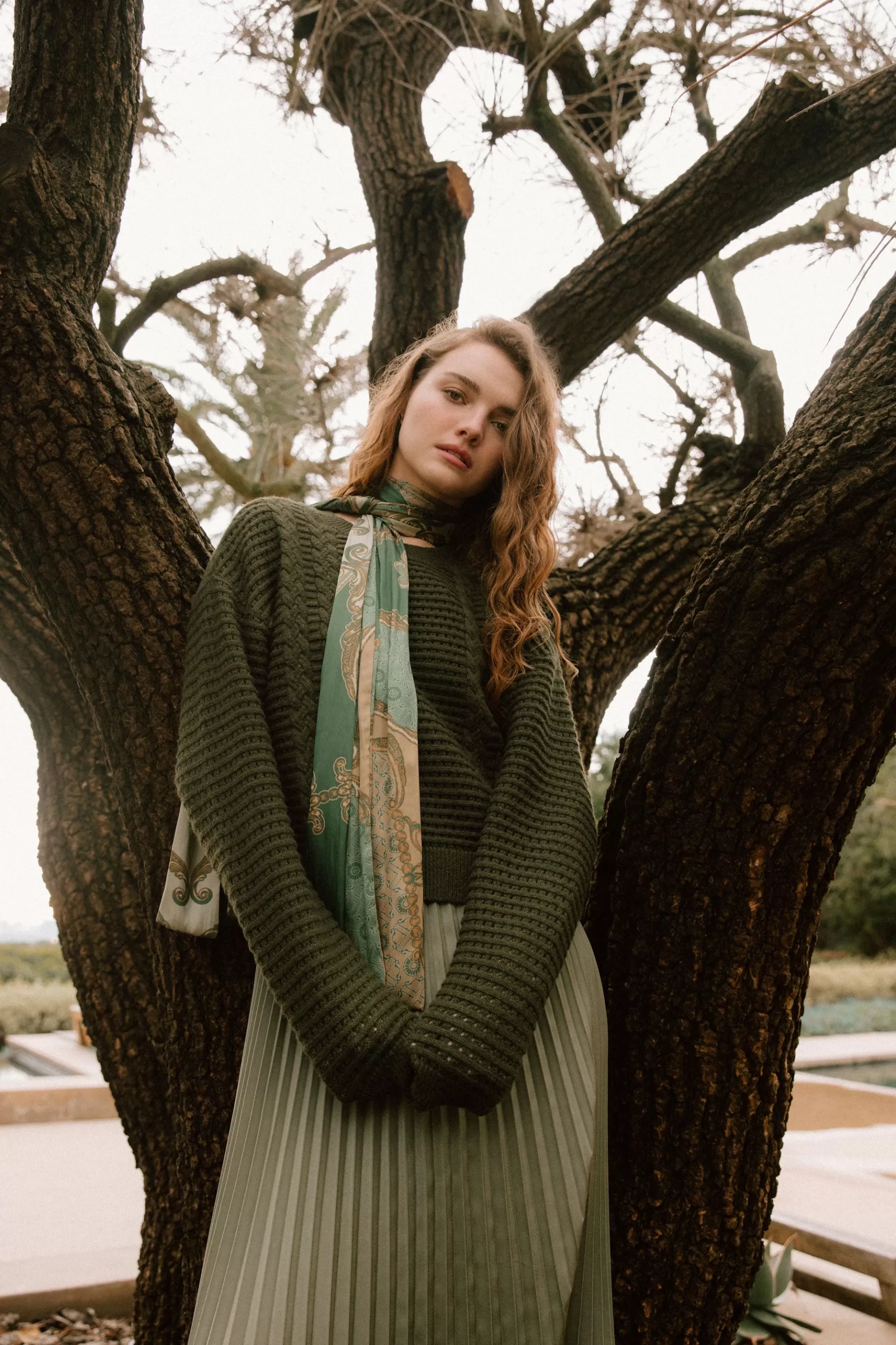 Current Air Knitwear>Sweater & Pleated Dress Set OLIVE