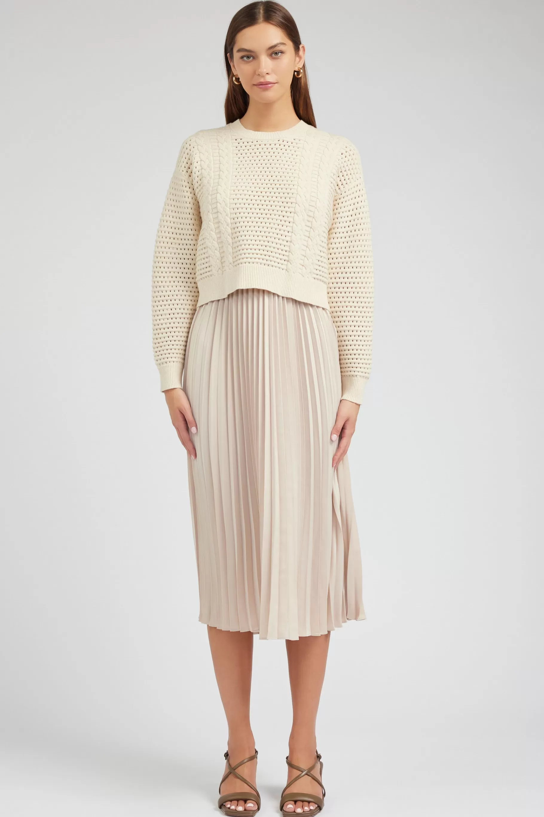 Current Air Knitwear>Sweater & Pleated Dress Set CHAMPAGNE