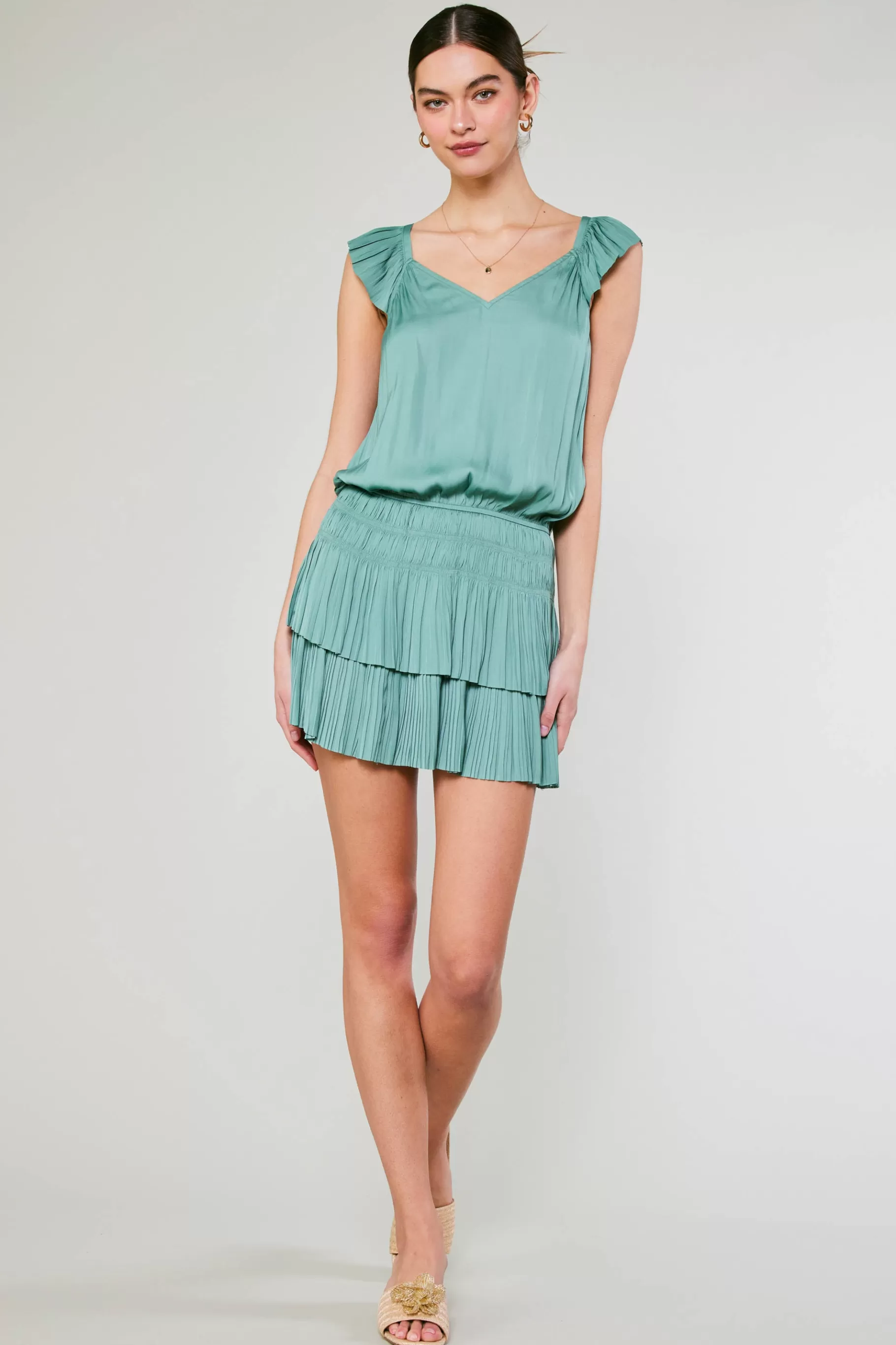 Current Air Mini Dresses>Sweetheart Smocked Mini Dress SAGEGREEN