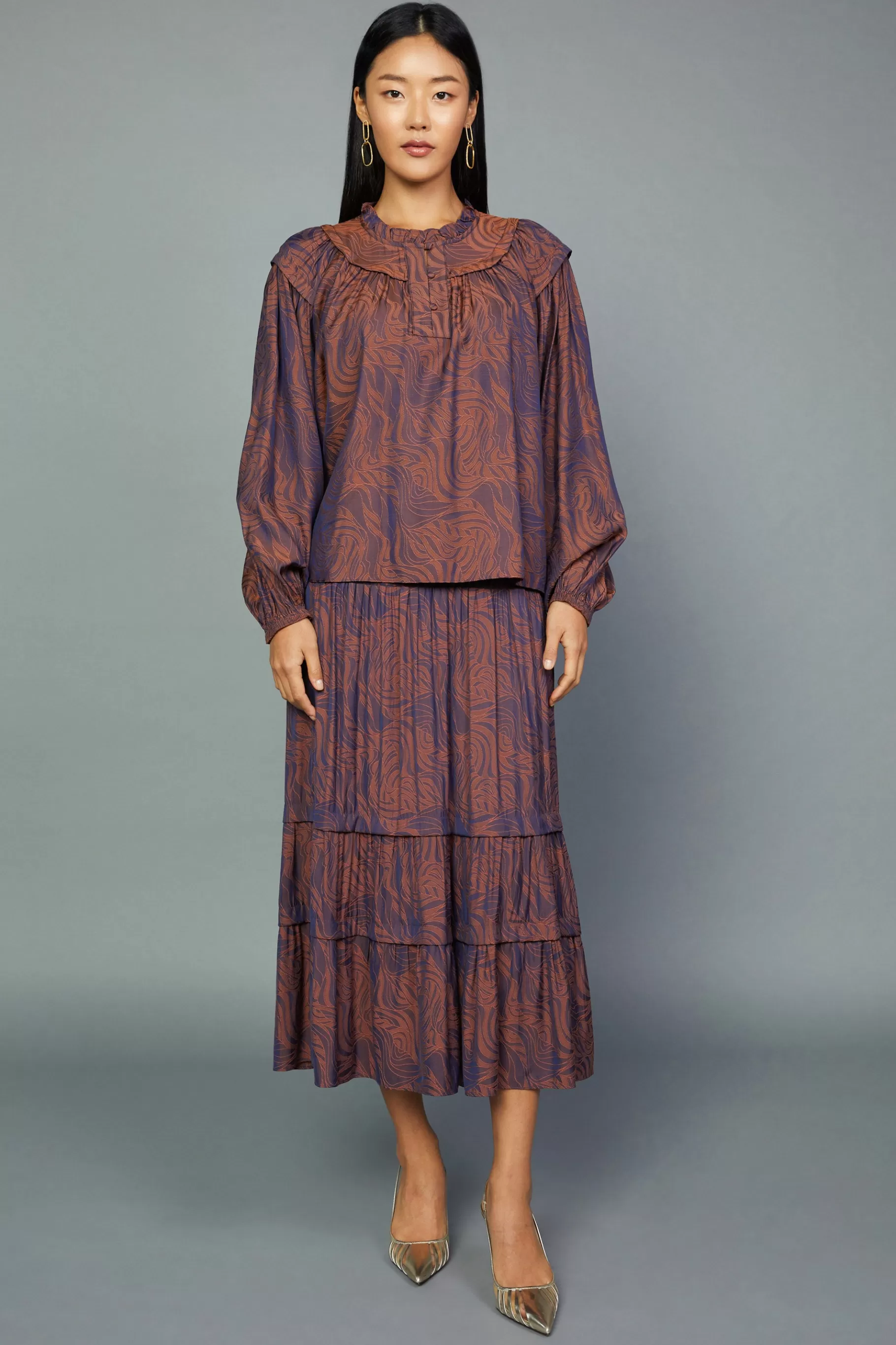 Current Air Long Sleeve Tops>Swirl Motif Blouse PURPLE-ORANGE