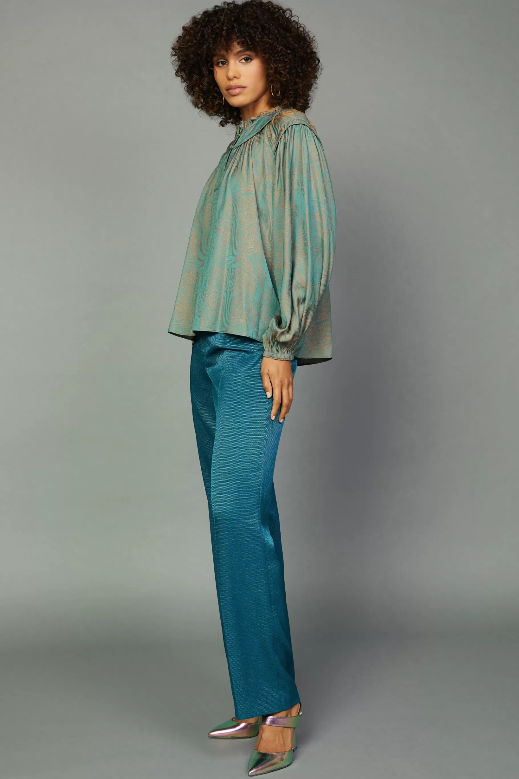 Current Air Long Sleeve Tops>Swirl Motif Blouse TEAL-ORANGE
