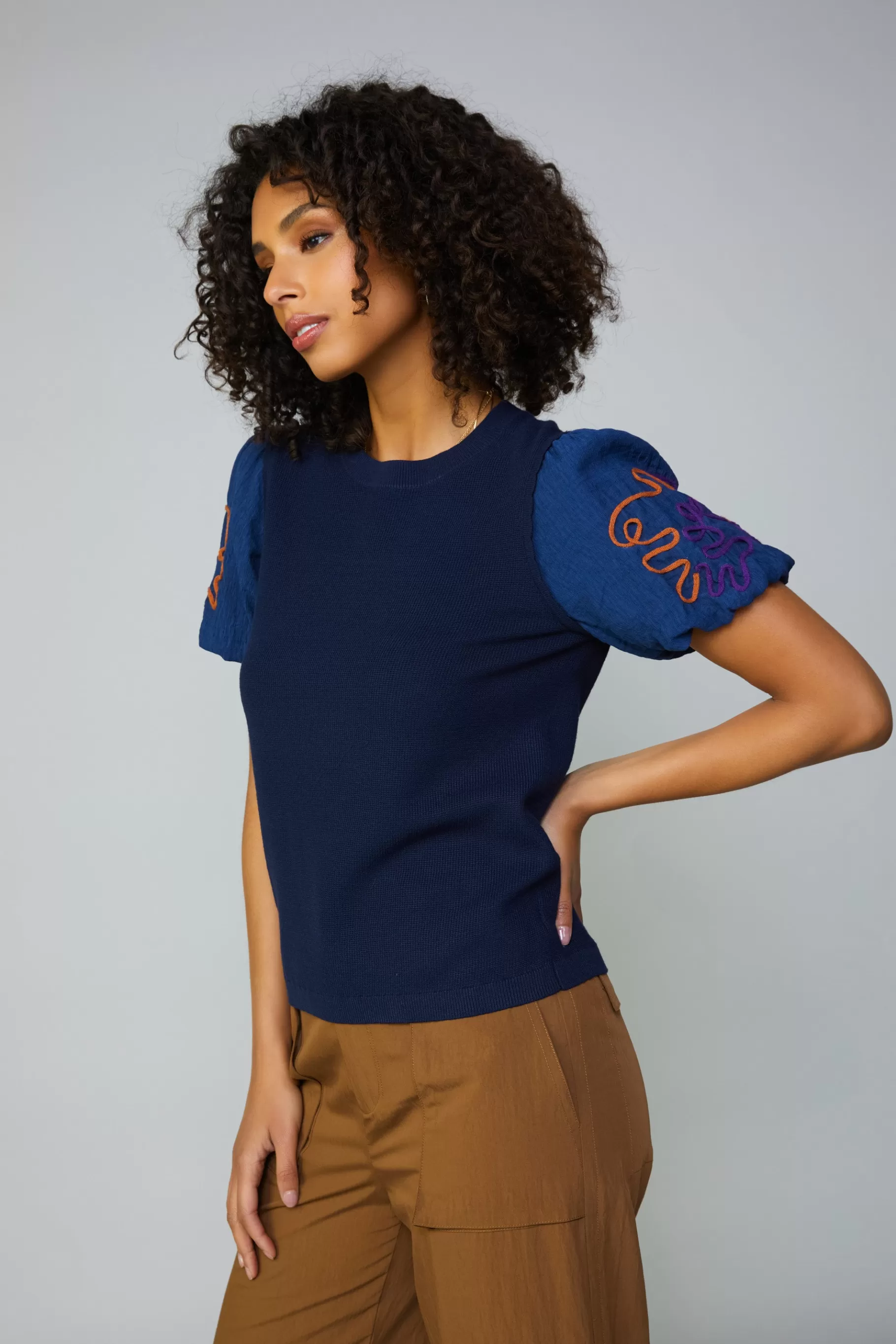 Current Air Sweaters>Texture Stitch Sweater Top NAVY
