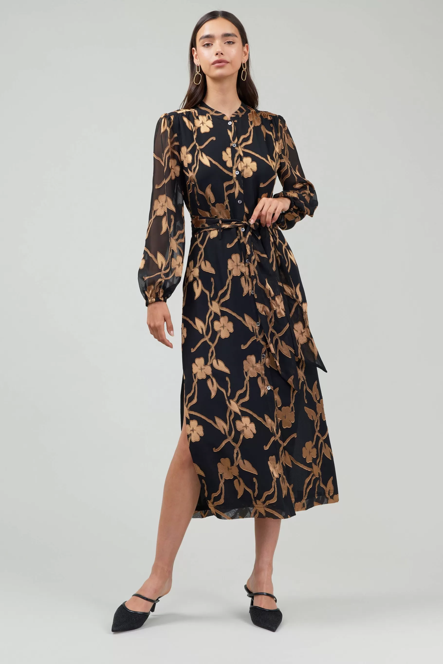 Current Air Midi Dresses>Textured Floral Midi Dress BLACKGOLD
