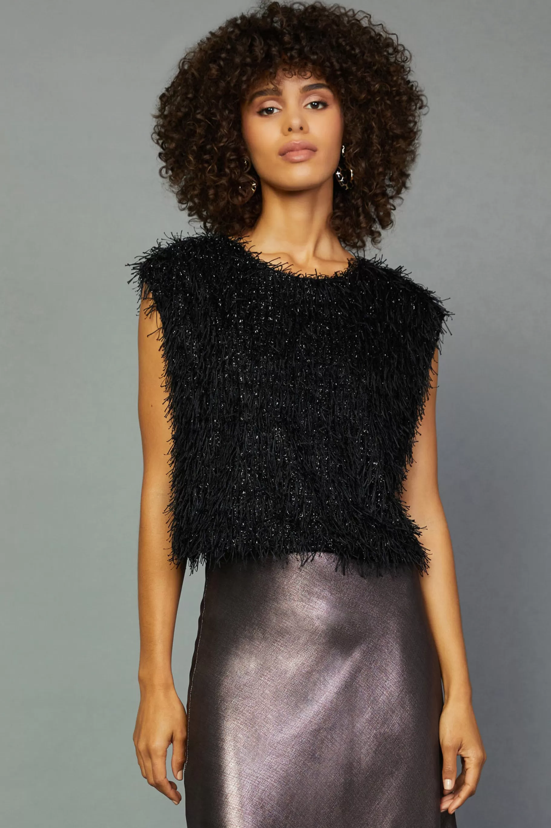 Current Air Sleeveless Tops>Textured Sparkle Top BLACK