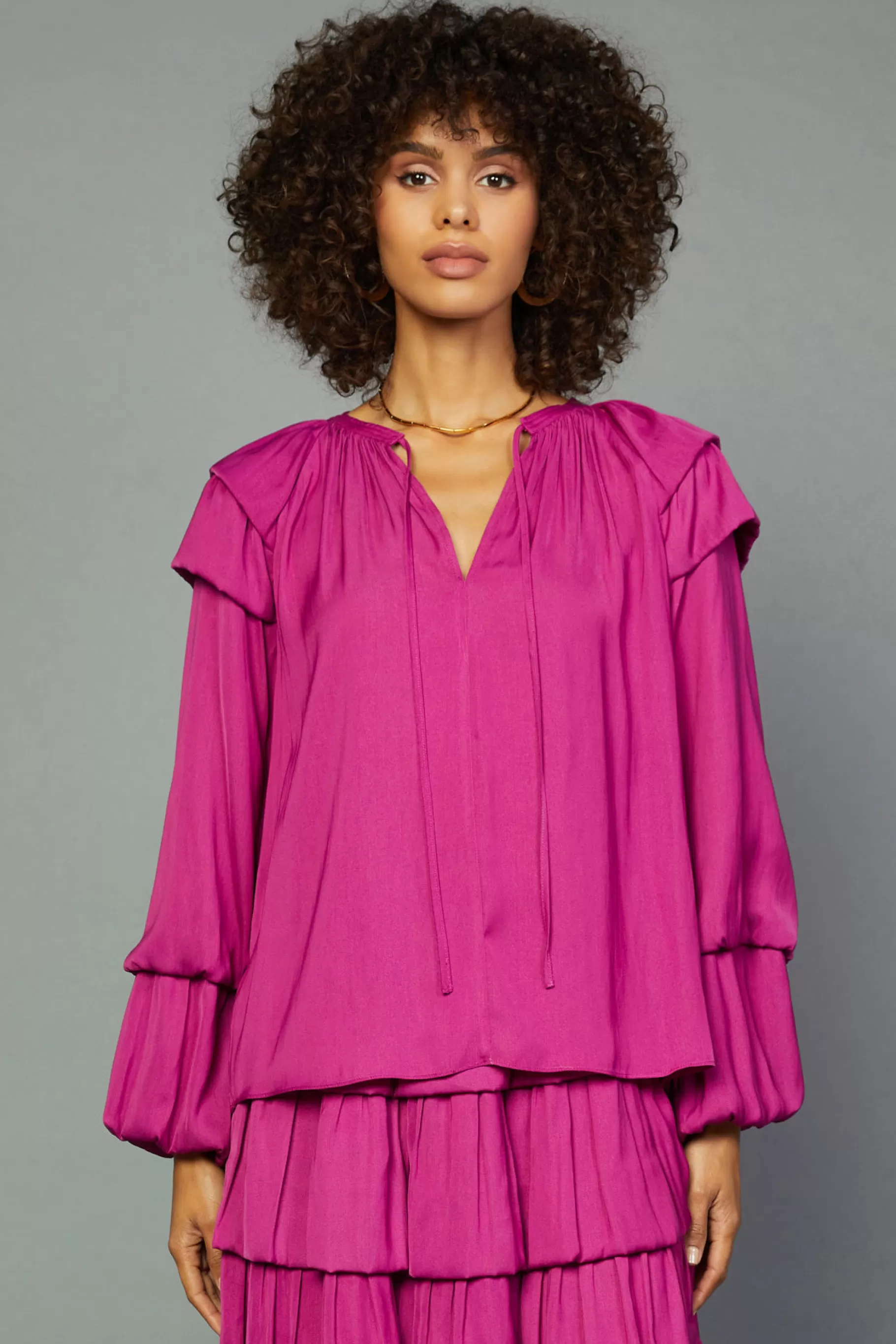 Current Air Long Sleeve Tops>Tiered Bubble Sleeve Blouse FUCHSIA