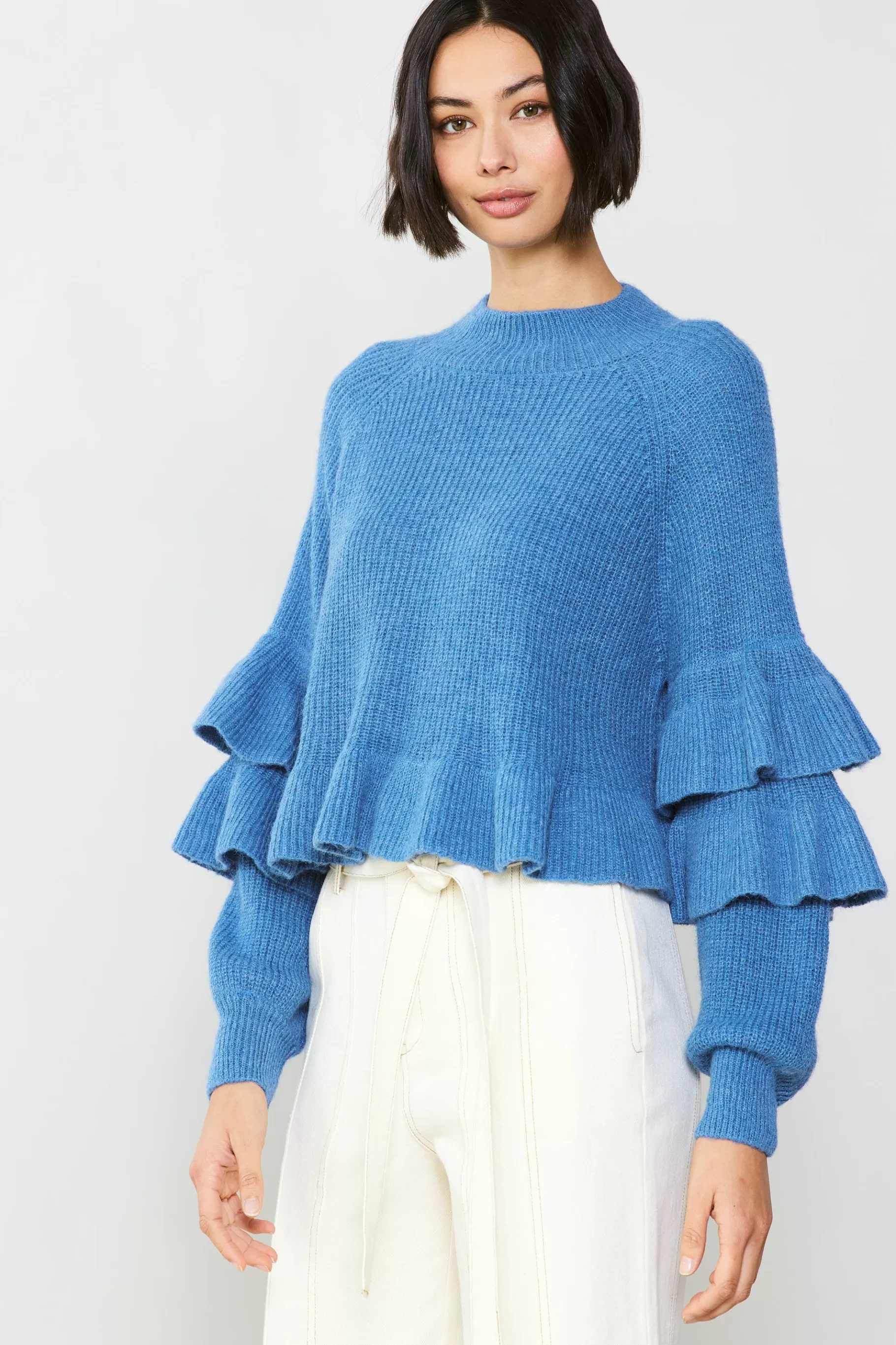 Current Air Sweaters>Tiered Sleeve Sweater BLUE