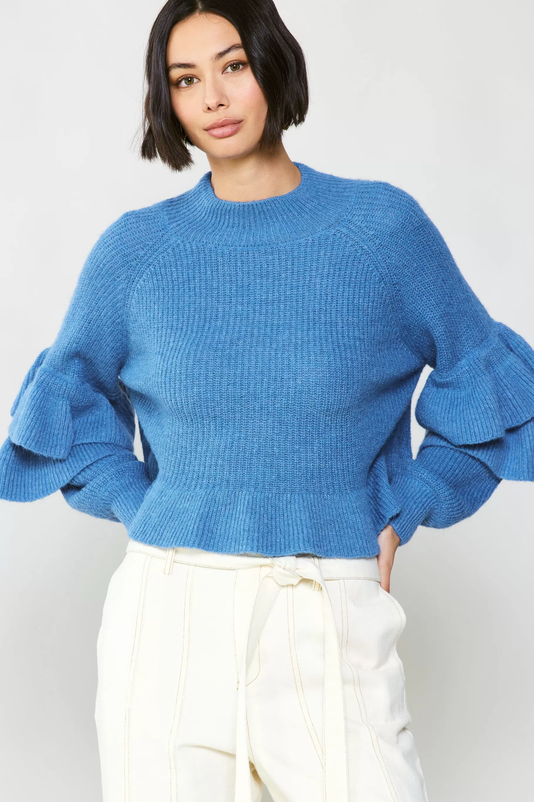 Current Air Sweaters>Tiered Sleeve Sweater BLUE