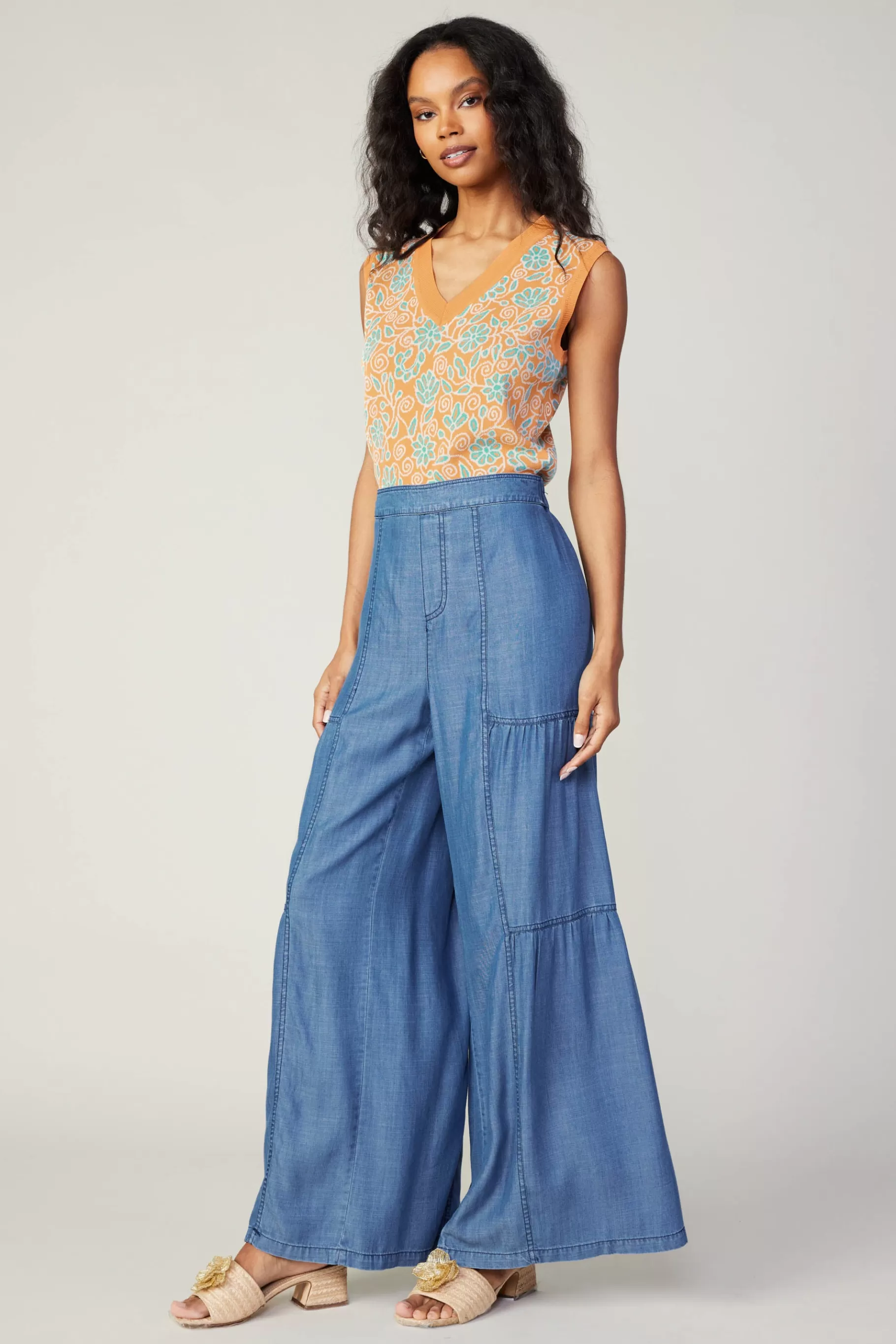 Current Air Pants>Tiered Wide Leg Pants CHAMBRAY