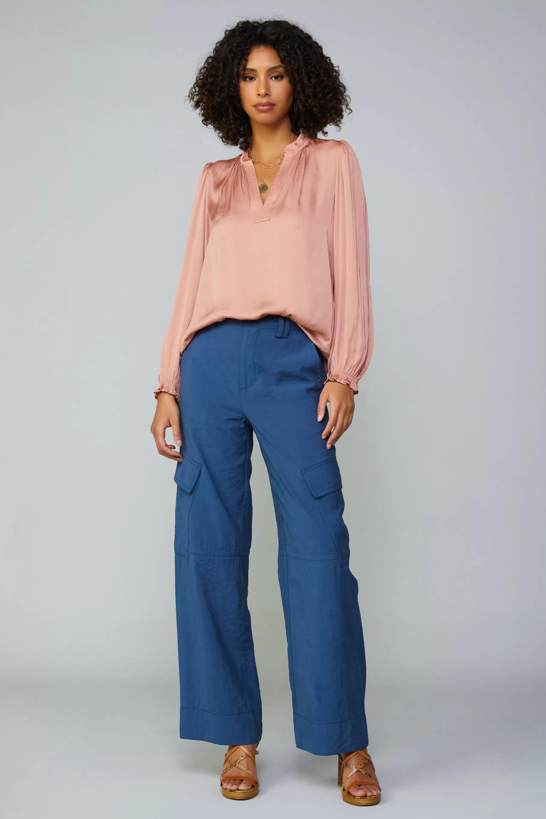 Current Air Long Sleeve Tops>Top Stitch Placket Blouse DUSTYBLUSH