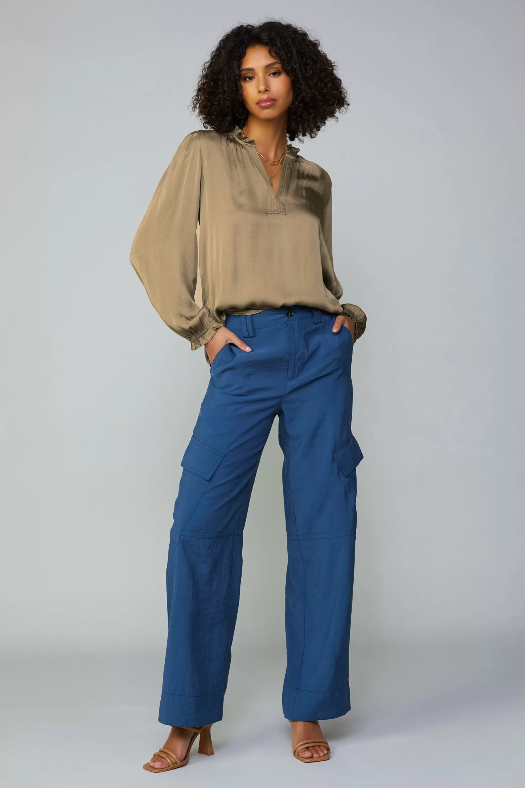 Current Air Long Sleeve Tops>Top Stitch Placket Blouse ASHBROWN