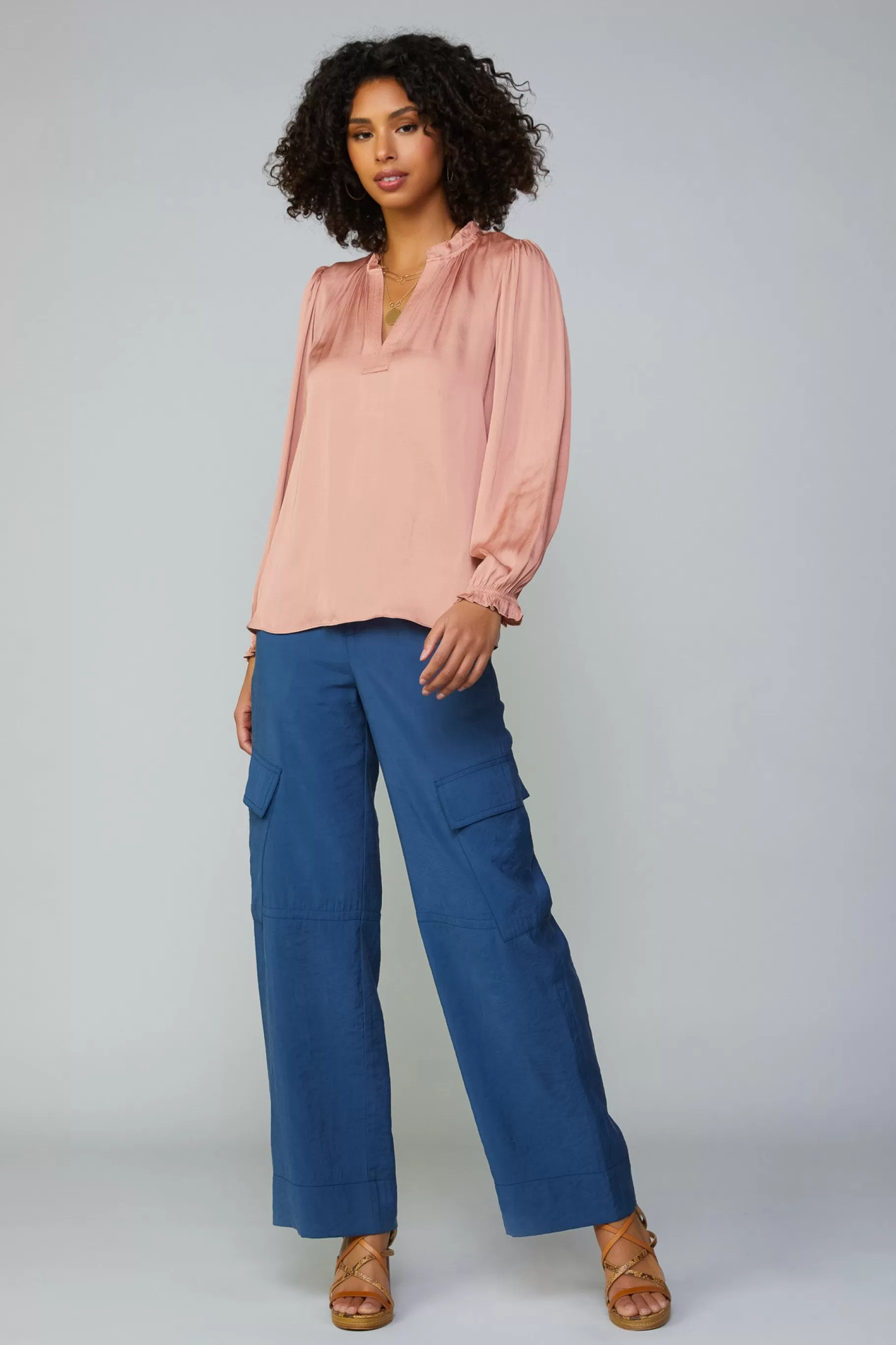 Current Air Long Sleeve Tops>Top Stitch Placket Blouse DUSTYBLUSH