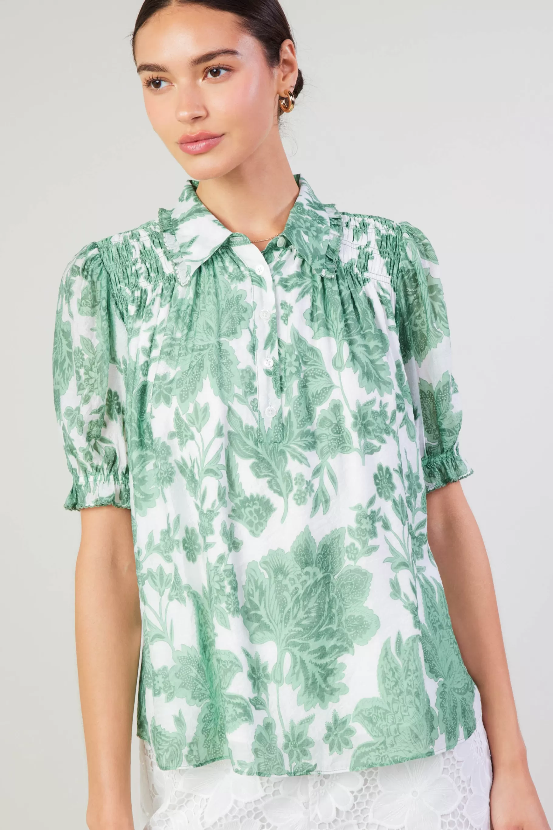 Current Air Short Sleeve Tops>Tulip Jacquard Blouse GREENFLORAL