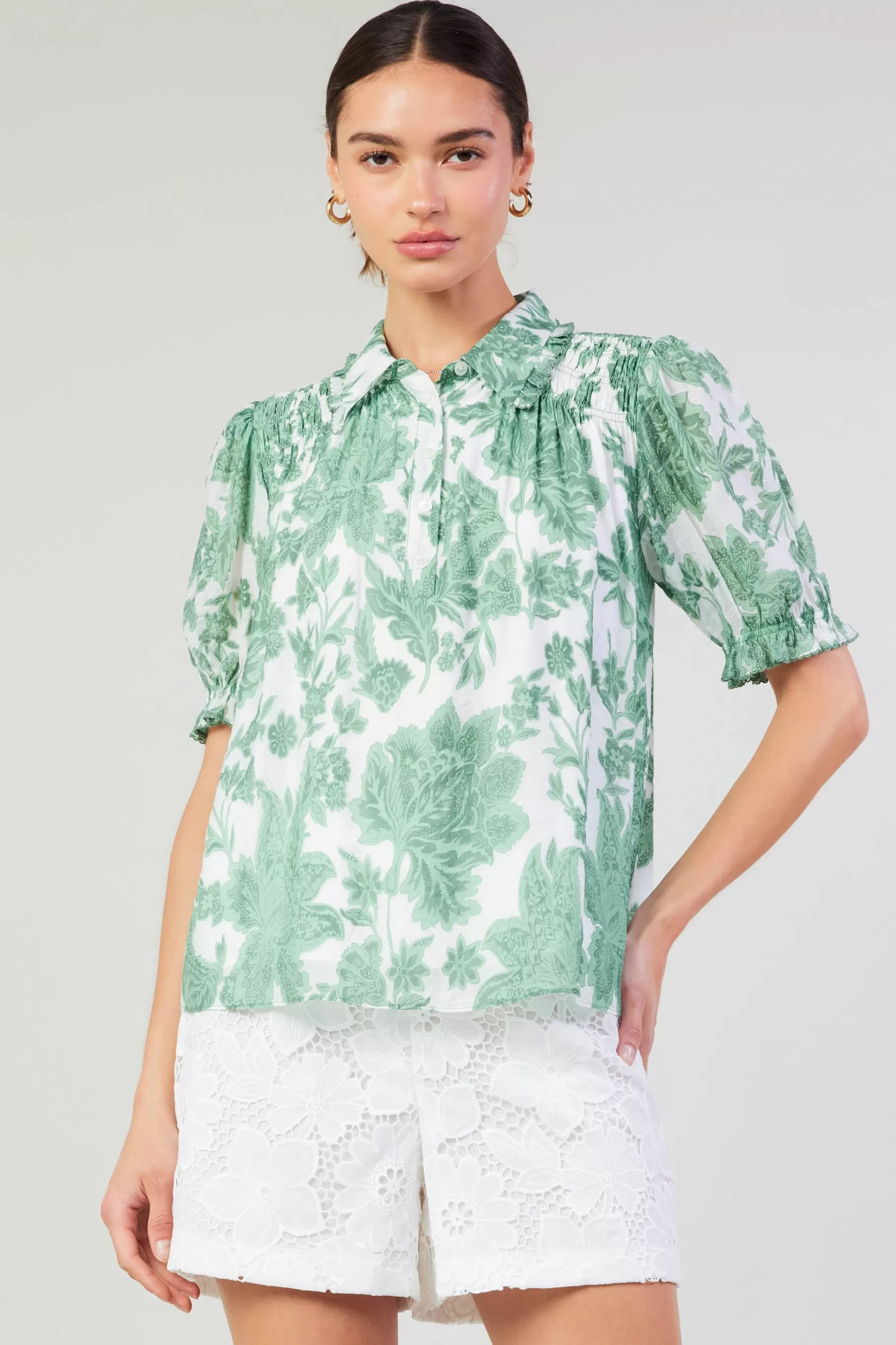 Current Air Short Sleeve Tops>Tulip Jacquard Blouse GREENFLORAL
