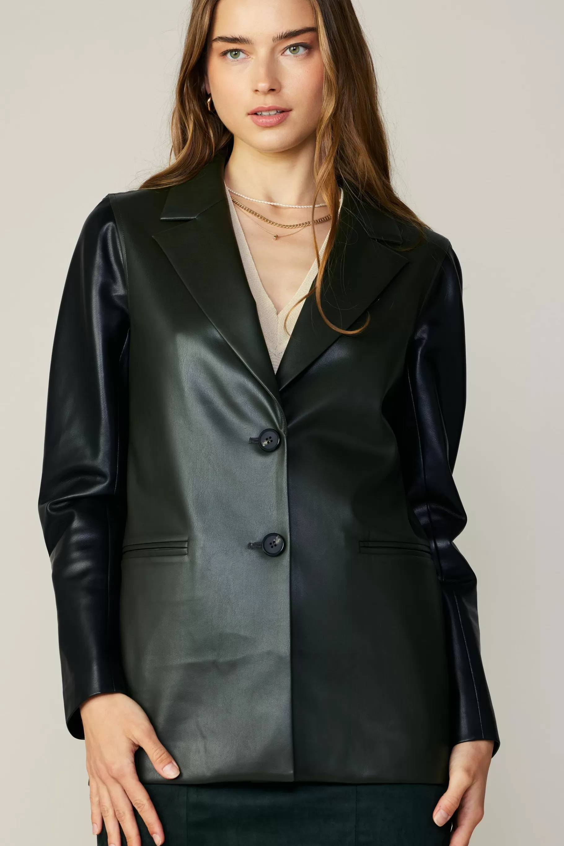 Current Air Coats & Jackets>Two Tone Vegan Leather Jacket DARKGREEN