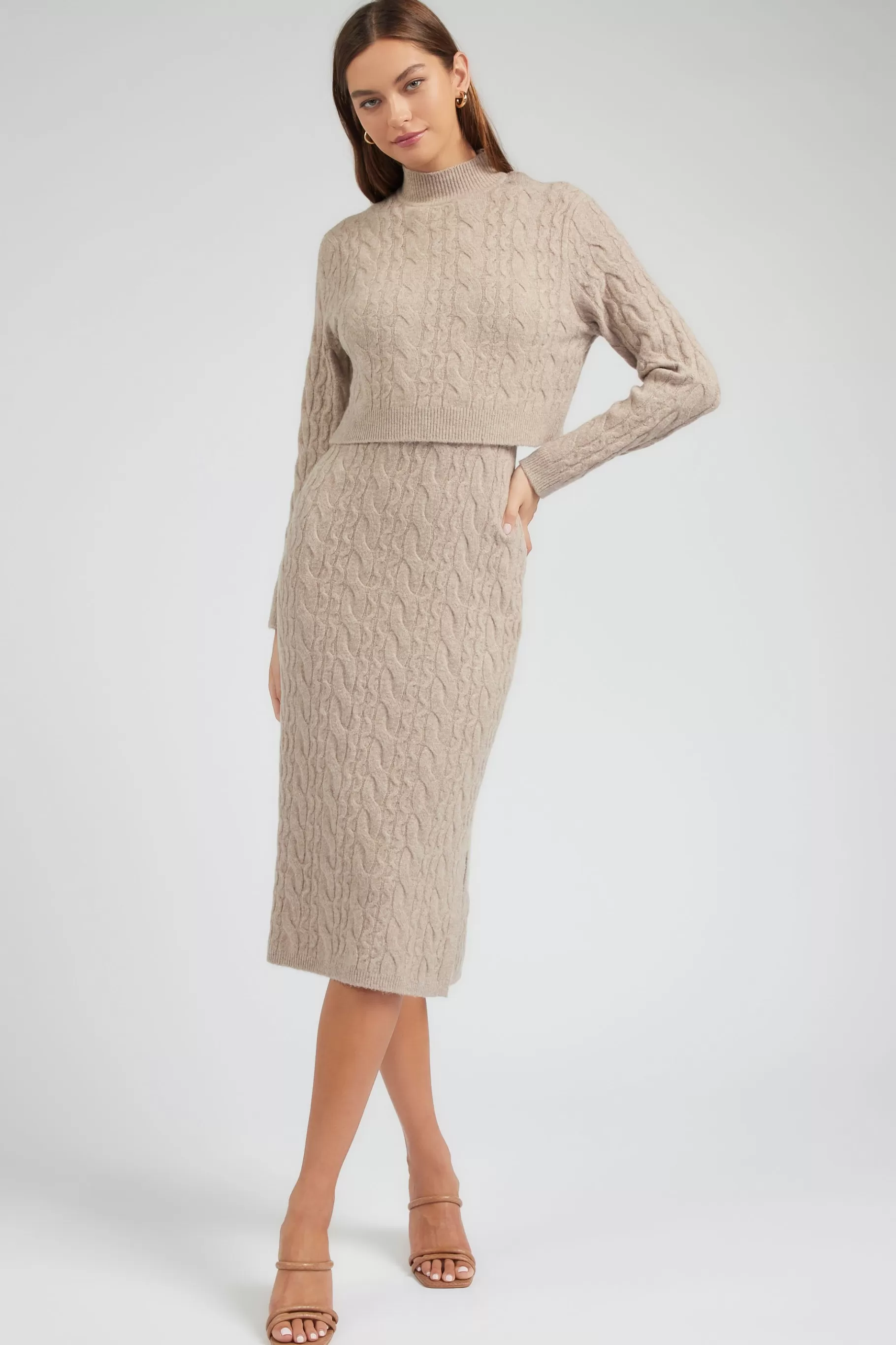 Current Air Knitwear | Midi Dresses>Two-piece Cable Knit Dress OATMEAL