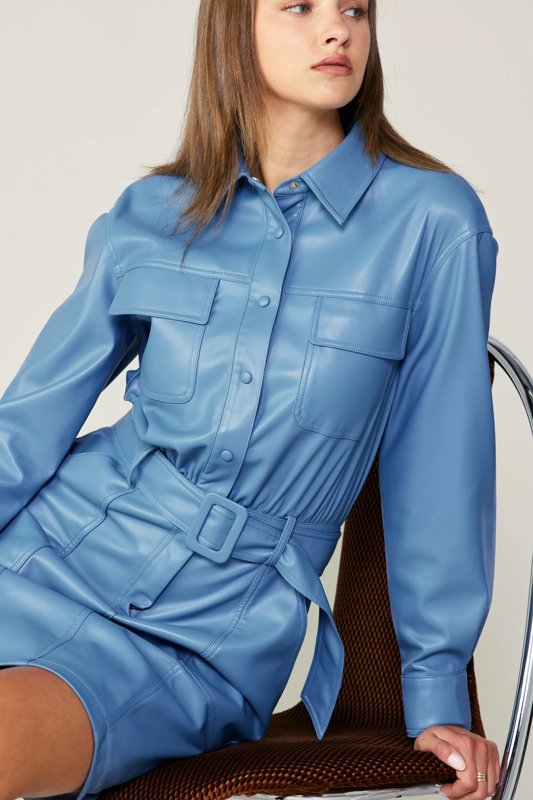 Current Air Mini Dresses>Vegan Leather Belted Shirt Dress TRANQUILBLUE
