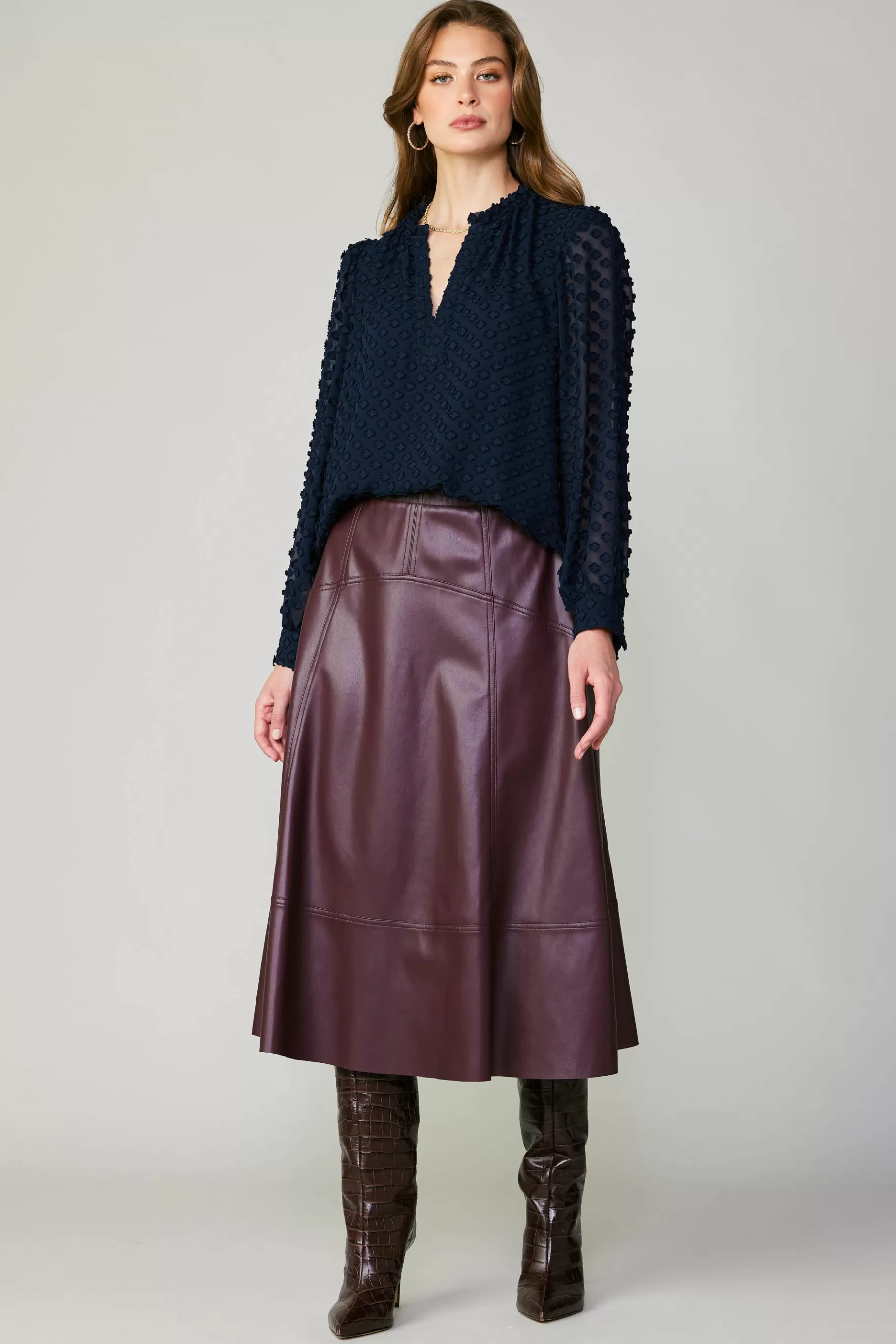 Current Air Skirts>Vegan Leather Midi Skirt BURGUNDY