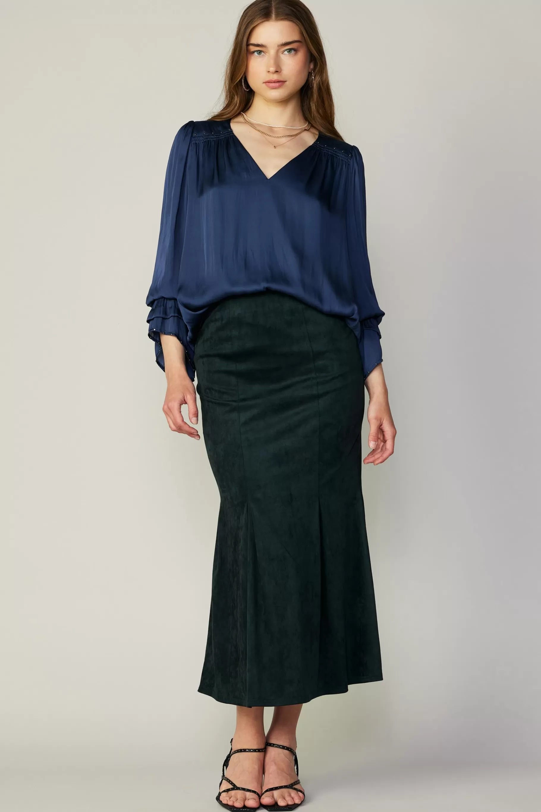 Current Air Skirts>Vegan Suede Fishtail Skirt DARKGREEN