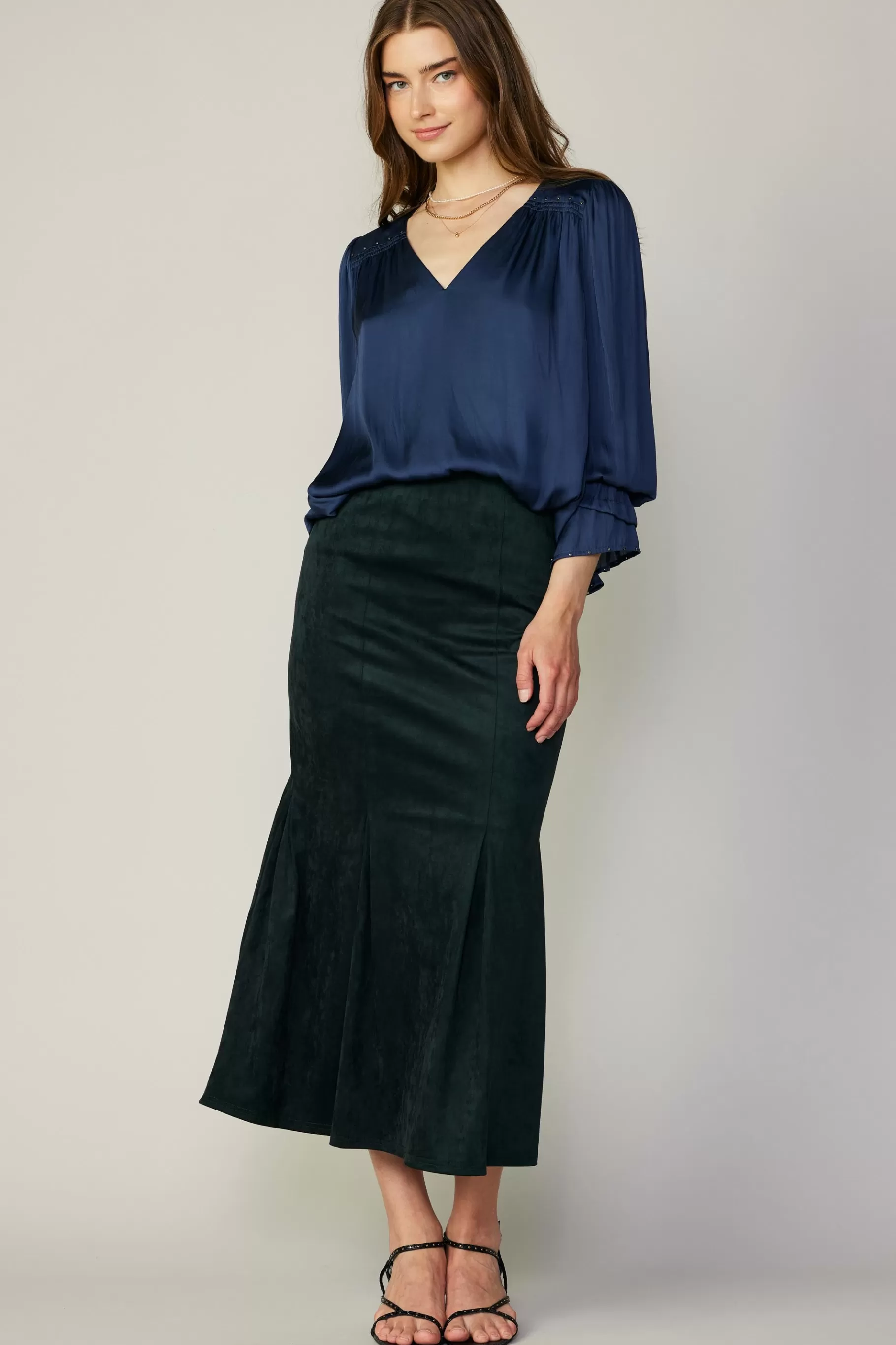 Current Air Skirts>Vegan Suede Fishtail Skirt DARKGREEN