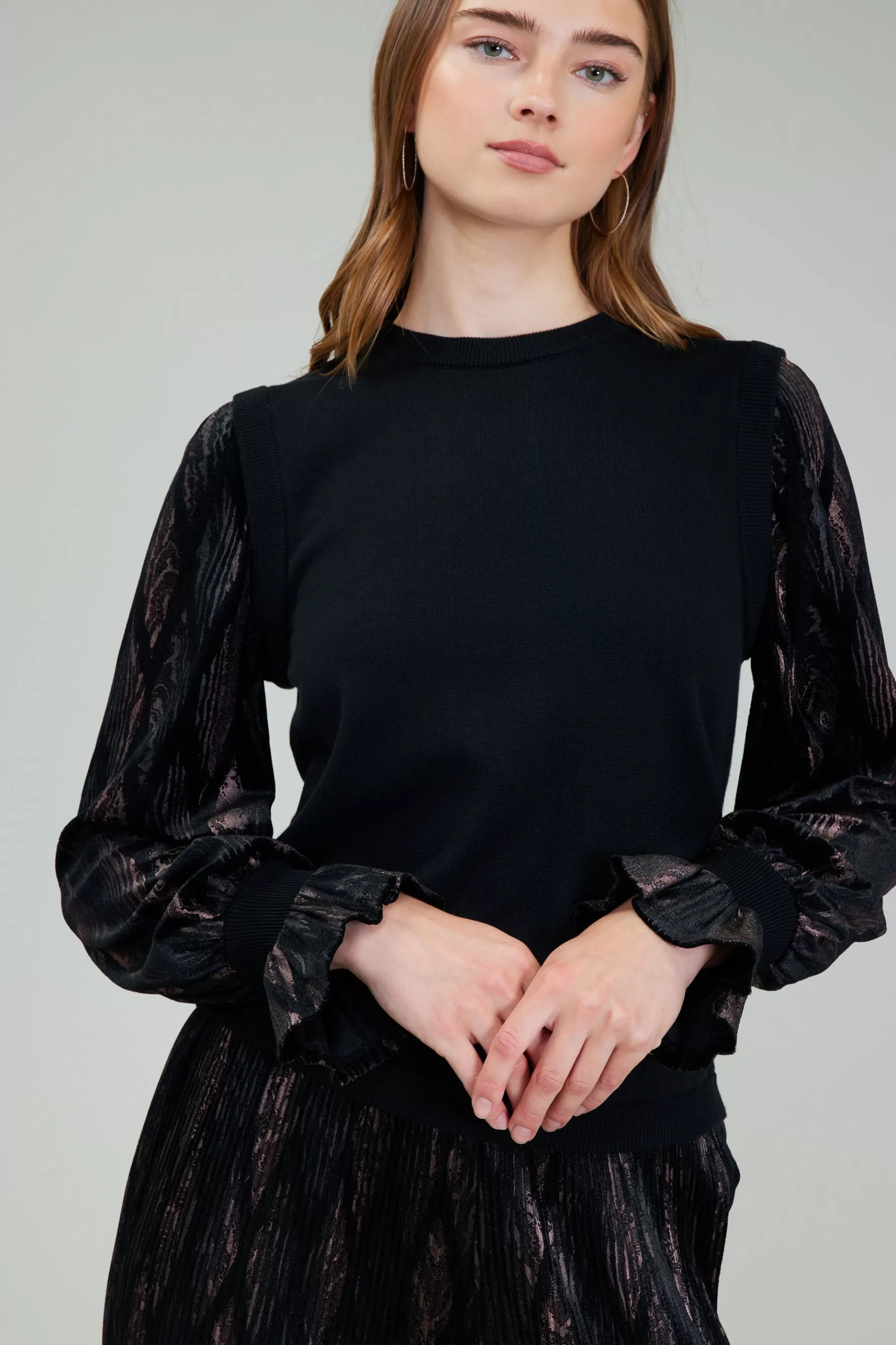 Current Air Knitwear | Long Sleeve Tops>Velvet Foil Sweater Top BLACKBRONZEMULTI