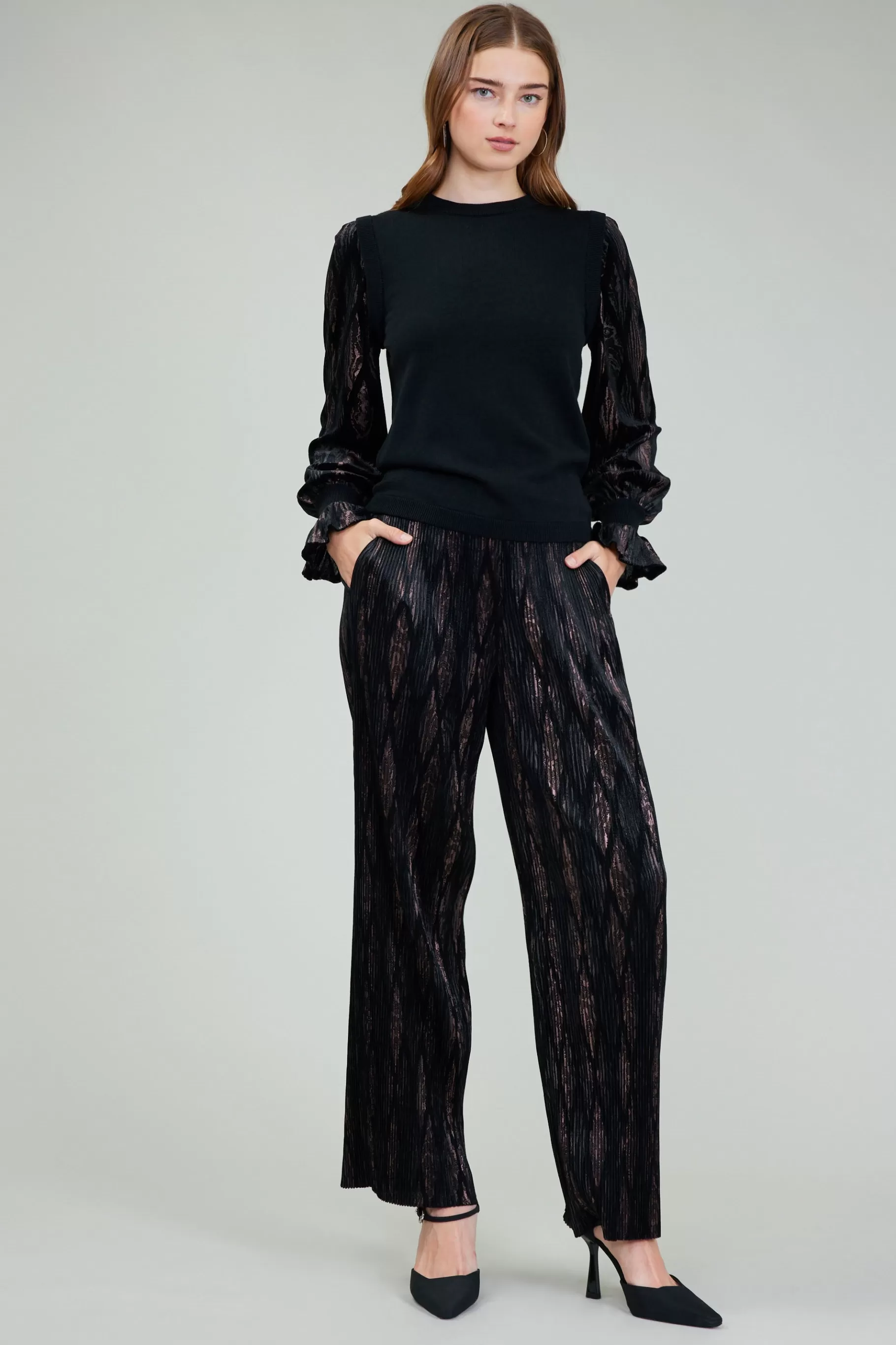 Current Air Knitwear | Long Sleeve Tops>Velvet Foil Sweater Top BLACKBRONZEMULTI