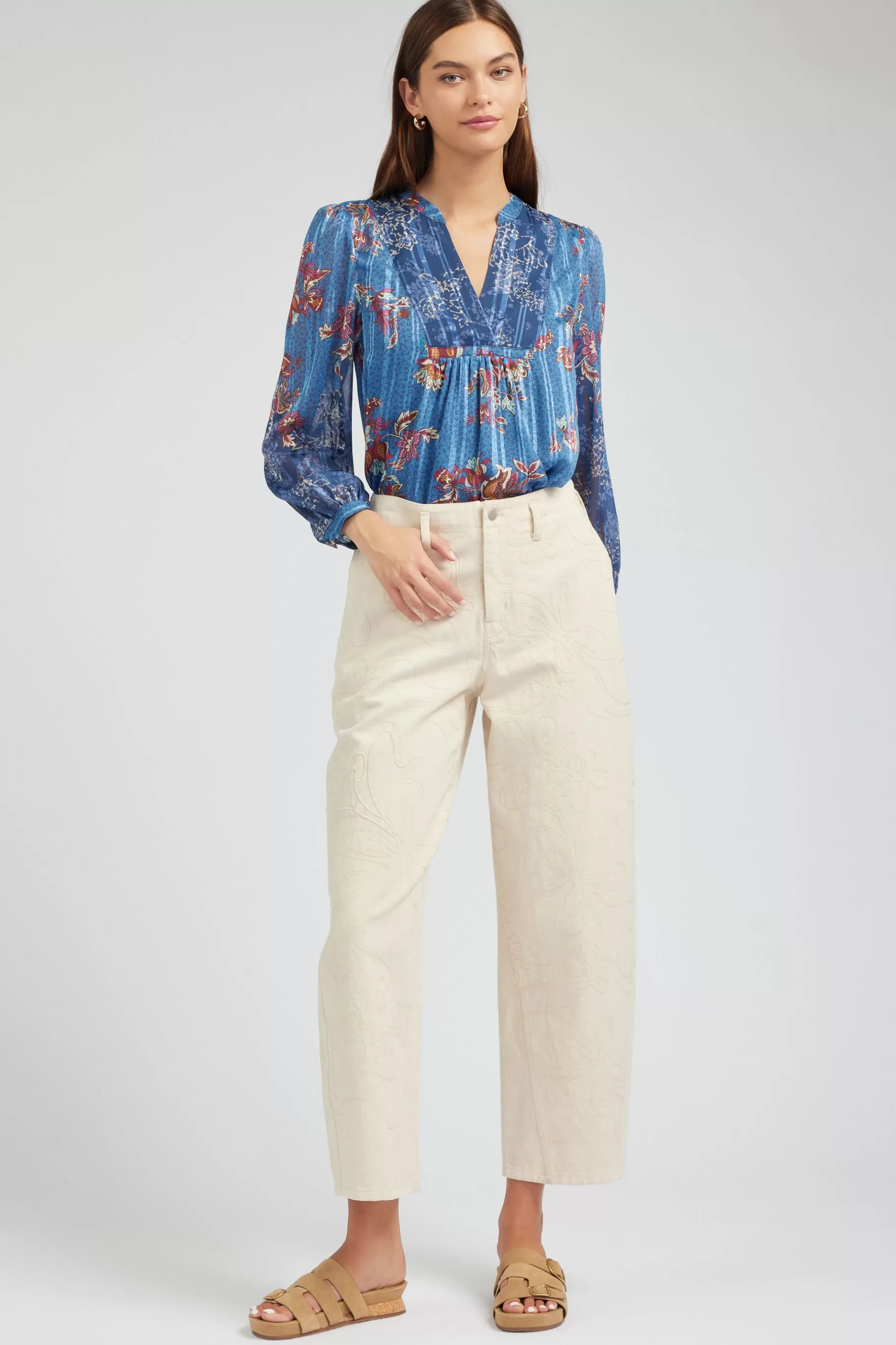 Current Air Pants>Wide Leg Embroidered Pant NATURAL