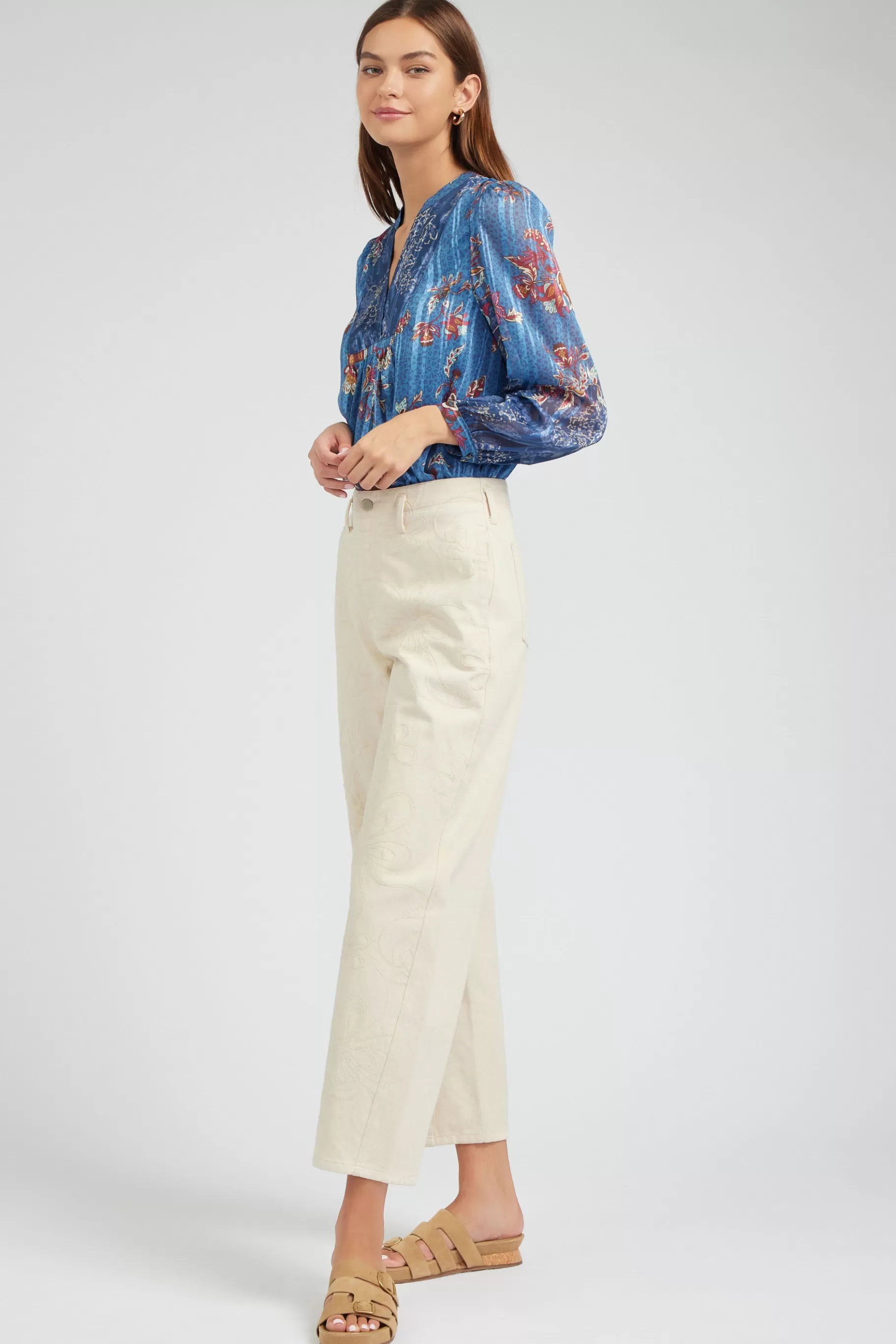 Current Air Pants>Wide Leg Embroidered Pant NATURAL