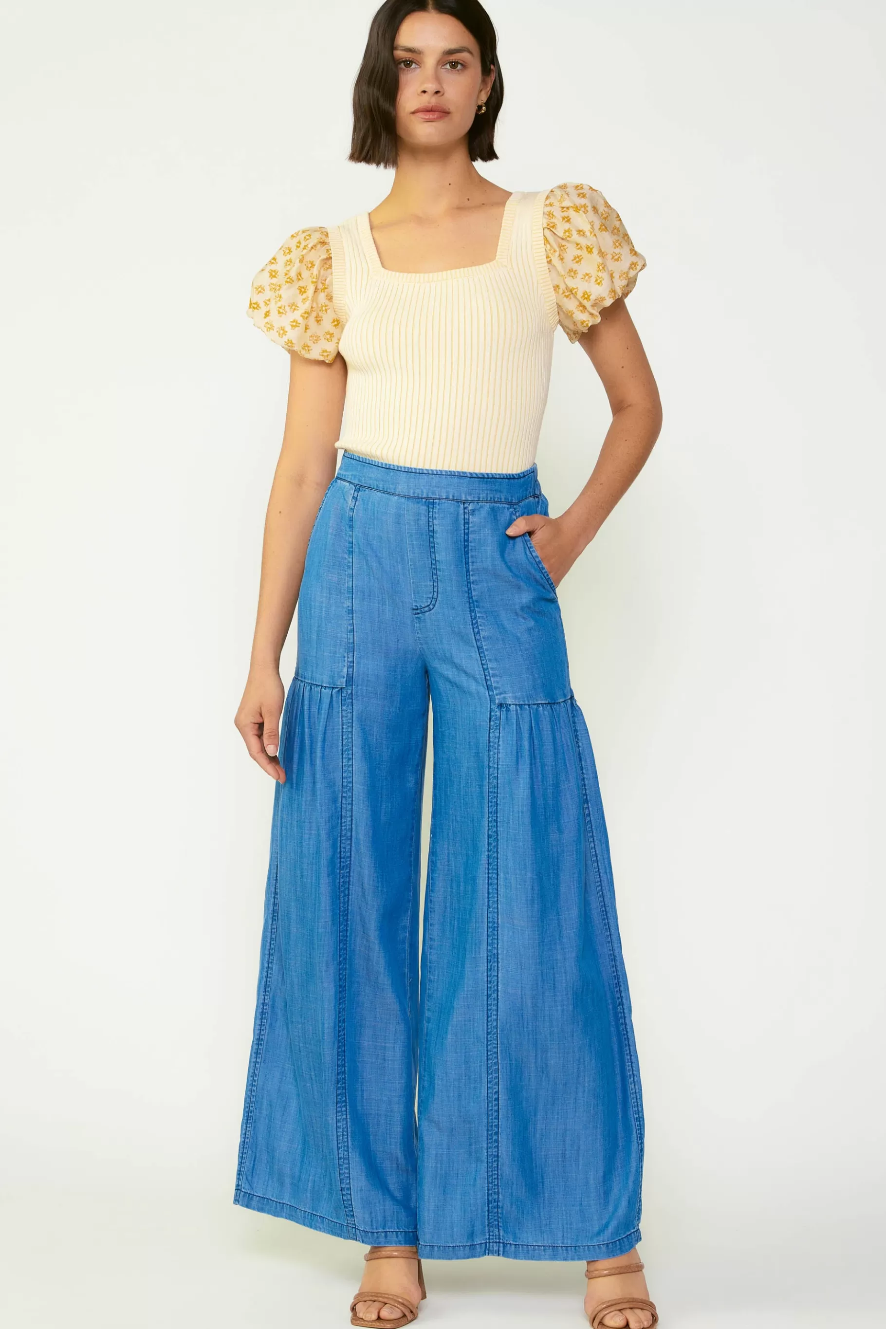 Current Air Pants>Wide Leg Tiered Pants CHAMBRAY