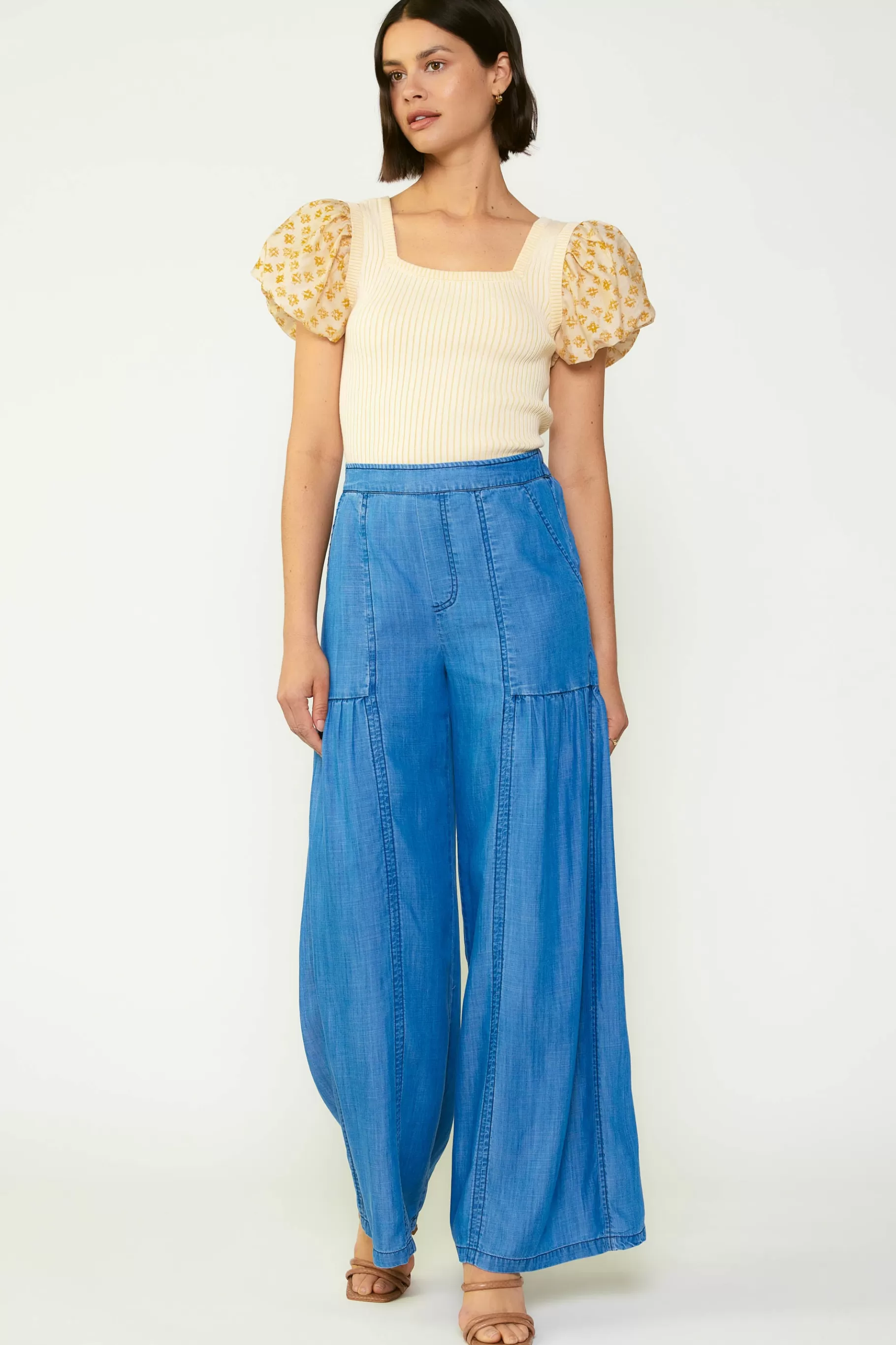 Current Air Pants>Wide Leg Tiered Pants CHAMBRAY