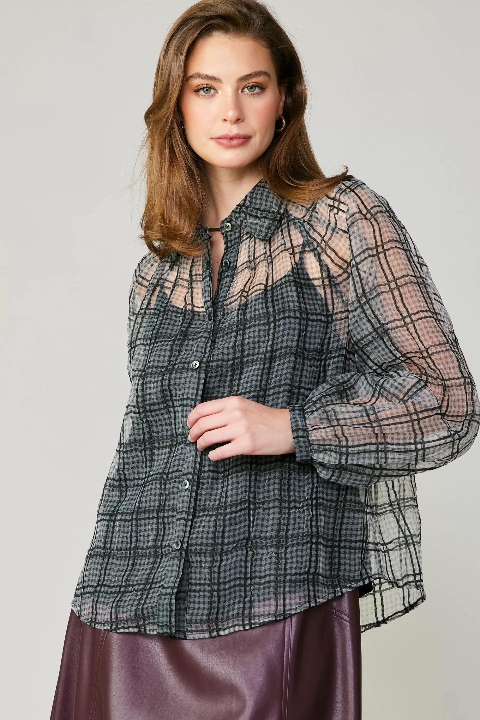 Current Air Long Sleeve Tops>Windowpane Plaid Sheer Blouse BLACK