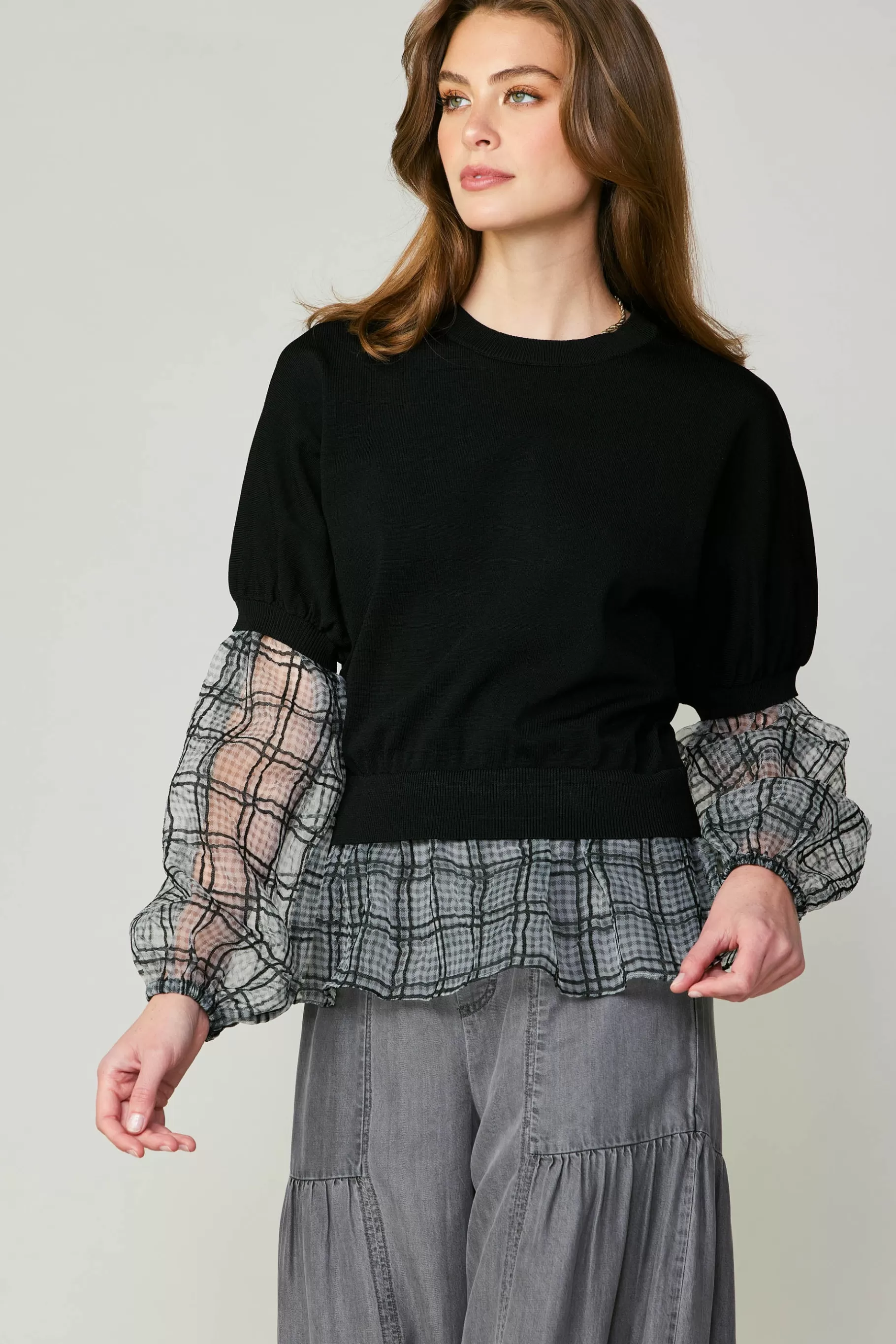 Current Air Long Sleeve Tops | Sweaters>Windowpane Plaid Sweater Top BLACK