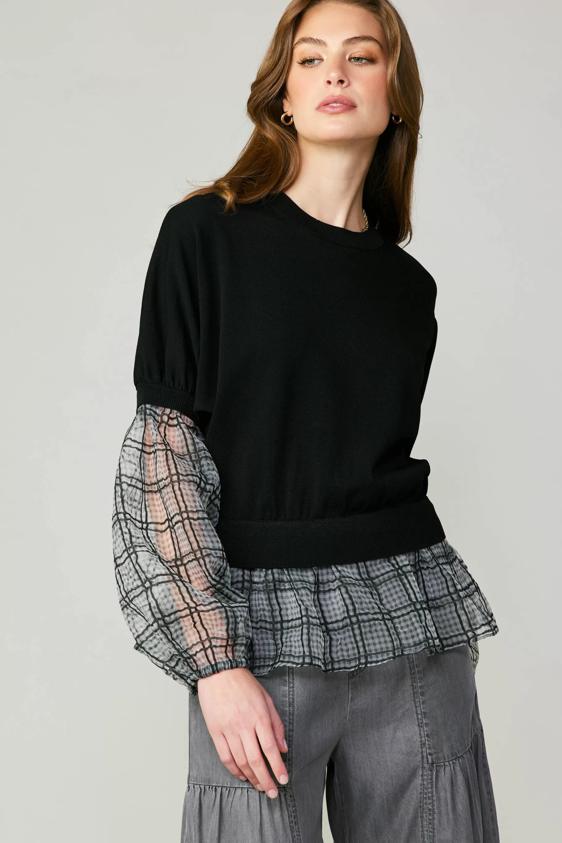 Current Air Long Sleeve Tops | Sweaters>Windowpane Plaid Sweater Top BLACK