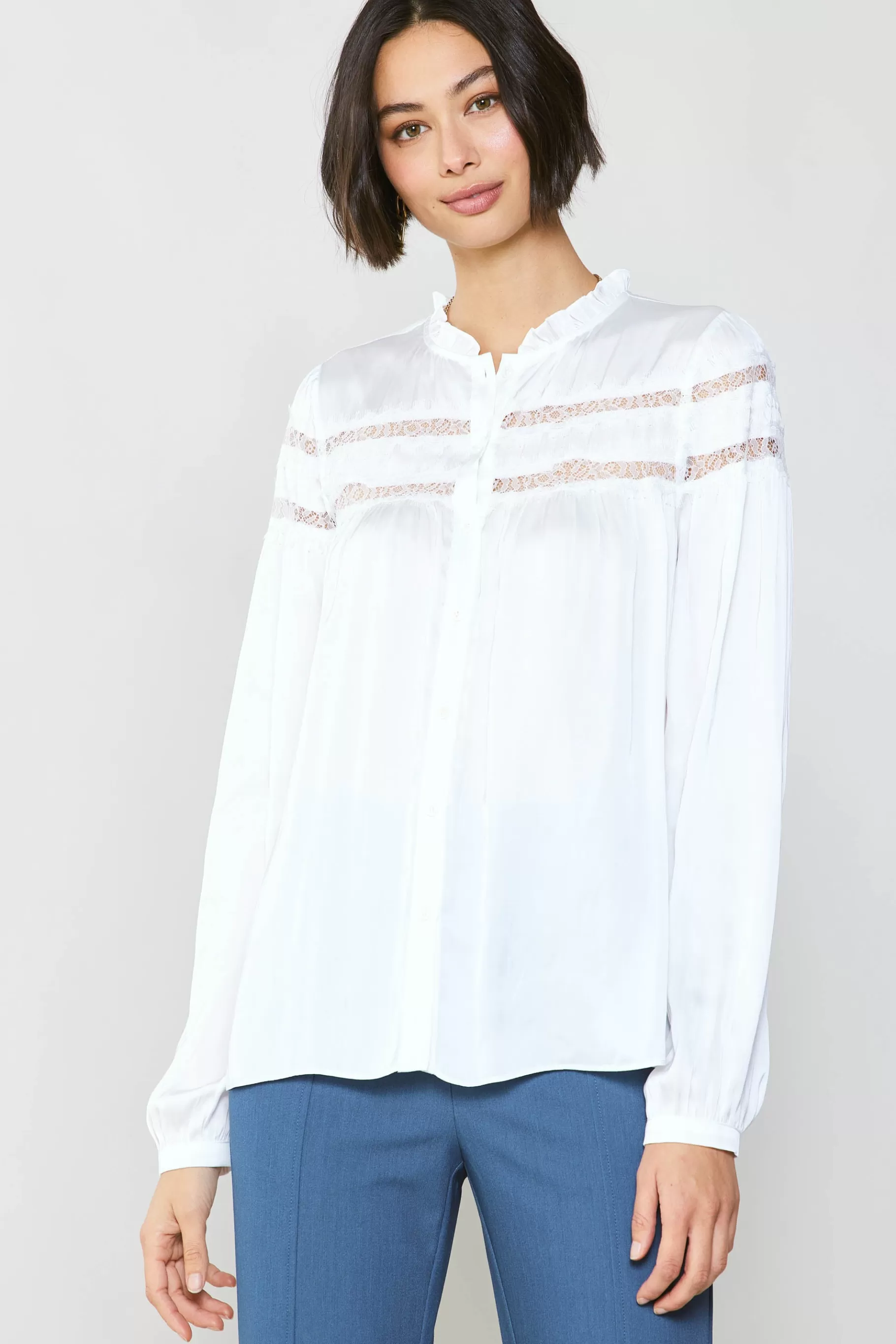 Current Air Long Sleeve Tops>Yoke Lace Blouse WHITE