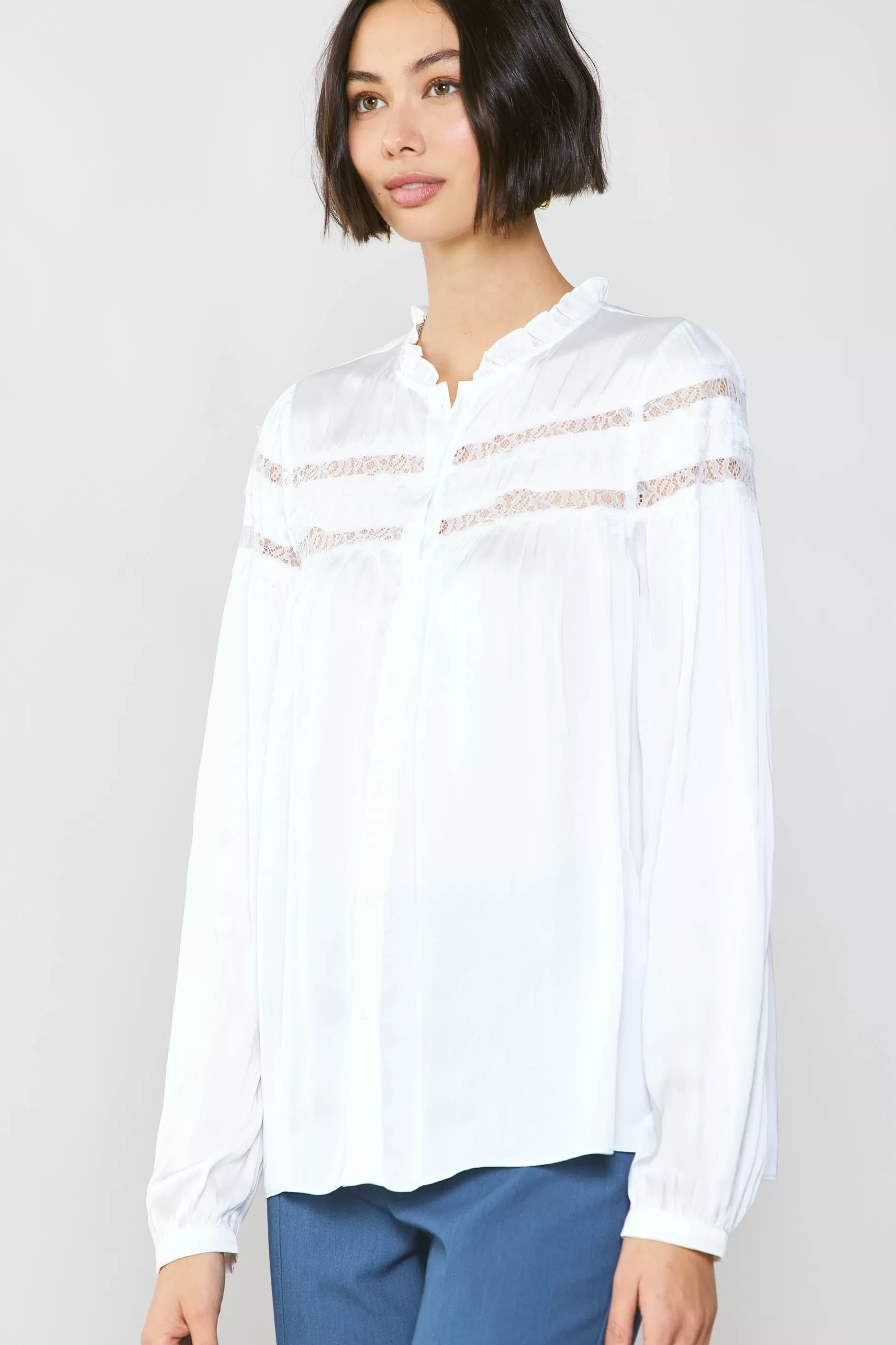 Current Air Long Sleeve Tops>Yoke Lace Blouse WHITE